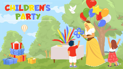 Children party with games and animator artists outdoors poster vector illustration. Happy kids playing enjoying birthday celebration design template