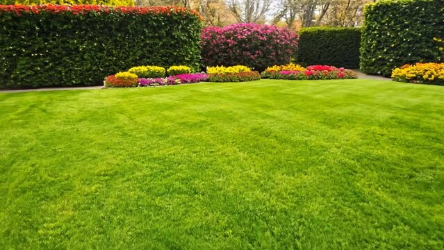 Beautiful manicured lawn and flowerbed with deciduous shrubs on plot or Park outdoor. Green lawn closely mowed grass. 