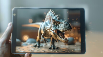 Advanced AR application displaying interactive educational content on a tablet, showing a dinosaur coming to life from the screen