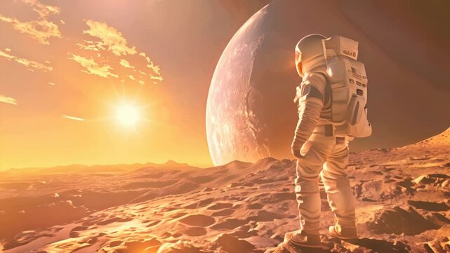 an creative image of an astronut on moon with the sun shining on the moon, generative ai