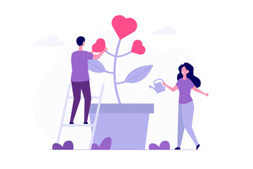 Couple grows tree together concept. Vector illustration