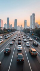 Obraz premium A white sedan sits in a line of stopped vehicles on a city street