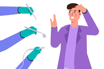 Dentist fear, Dentophobia. Man surrounded with dentist hands. Vector illustration