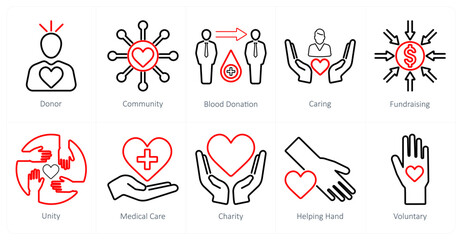 A set of 10 charity and donation icons as donor, community, blood donation