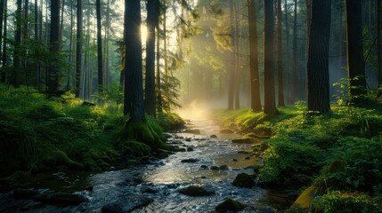 Fototapeta premium A tranquil forest scene at dawn, soft light filtering through the trees, a gentle stream flowing