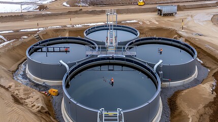 A large underground tank system for rainwater harvesting in an industrial building, surrounded by dirt and sand, with three circular water tanks connected to the ground through pipes. The scene is