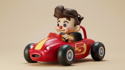 A cute 3D cartoon boy driving a red race car.