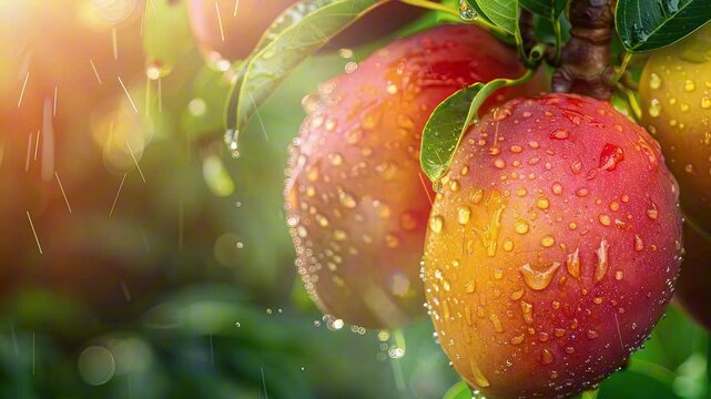 Fresh fruit. Healthy food. 3d Realistic mangoes with leaves. Close-up ripe mangoes on the tree with water drops. Tropical fruit concept