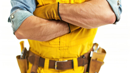 A man in a yellow vest is wearing gloves and holding a tool belt. He is standing with his arms crossed, giving off a confident and professional vibe