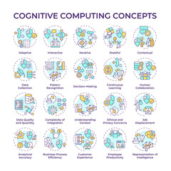 Cognitive computing multi color concept icons. Artificial intelligence. Computational thinking. Data science. NLP. Icon pack. Vector images. Round shape illustrations. Abstract idea