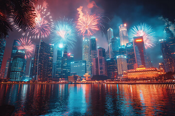 Colorful fireworks exploding over singapore skyline at night