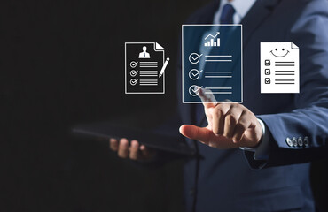 Business performance checklist, satisfaction, and productivity evaluation concept, online survey,...