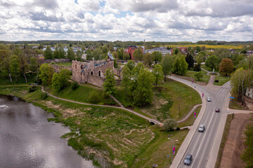 Aerial View of Ruined Castle and Bridge in a Latvian Town Dobele