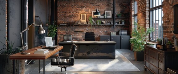 Office interior in loft industrial style, exuding a modern and productive vibe