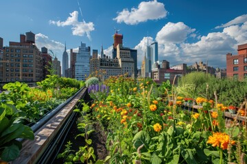 An urban rooftop garden filled with a variety of plants, flowers, vegetables, set against a city skyline