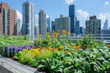 An urban rooftop garden filled with a variety of plants, flowers, vegetables, set against a city skyline