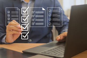 man answers and fill out survey questionnaire online form, electronic feedback data  concept