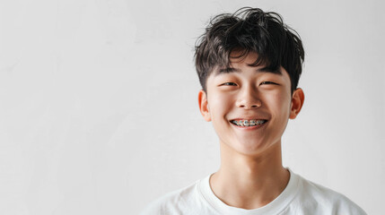 A cheerful Korean teen with braces, smiling widely while applying skincare products