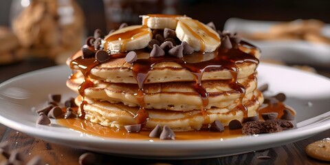 Decadent Stack Pancakes with Banana, Peanut Butter, Chocolate Syrup, and Cookies. Concept Food Photography, Decadent Breakfast, Indulgent Treats, Homemade Pancakes, Sweet Cravings