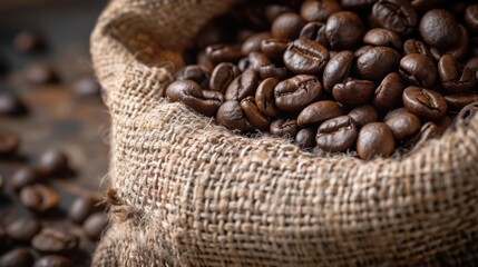 Fresh Coffee Beans in Burlap Sack for Roasting Close-Up Shot