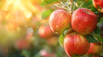 Obraz premium Sunlit Dewy Apples Hanging On Orchard Branches Surrounded By Gentle Light And Green Leaves Creating A Warm And Fresh Natural Mood