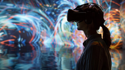 Naklejka premium A woman wearing a virtual reality headset is looking at a colorful background