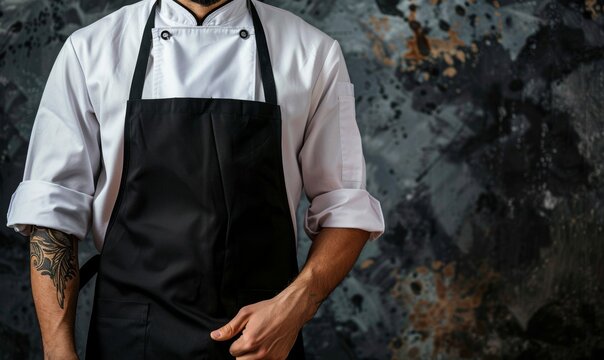 Butcher, baker, barista, chef or server wearing a blank black apron with space for text or logo.