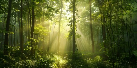 Fototapeta premium Morning Light in Misty Forest Creating a Serene and Mystical Atmosphere Among Trees. Concept Forest Photography, Morning Light, Serene Atmosphere, Misty Forest, Mystical Vibes