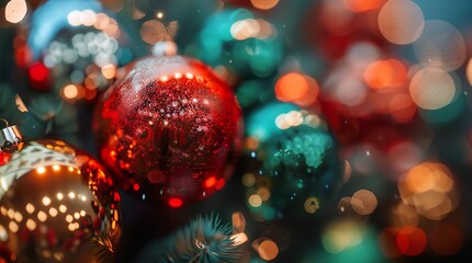 christmas decoration on red ornament and green 