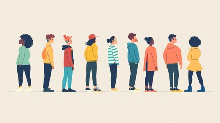 Modern illustration of characters looking up from the rear. Advertising, event, presentation, and news illustrations.