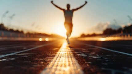 A dramatic perspective of an athlete crossing the finish line with arms raised in victory, shot against the setting sun, symbolizing triumph and determination.