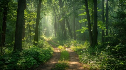 Fototapeta premium Green forest with tall trees, a winding path, sunlight filtering through the leaves