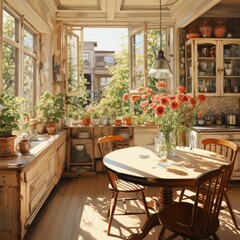 Fototapeta premium Beautiful Kitchen Interior with Elegant Furniture and Flowers