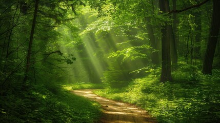 Green forest with tall trees, a winding path, sunlight filtering through the leaves