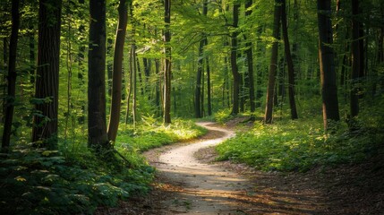 Fototapeta premium Green forest with tall trees, a winding path, sunlight filtering through the leaves