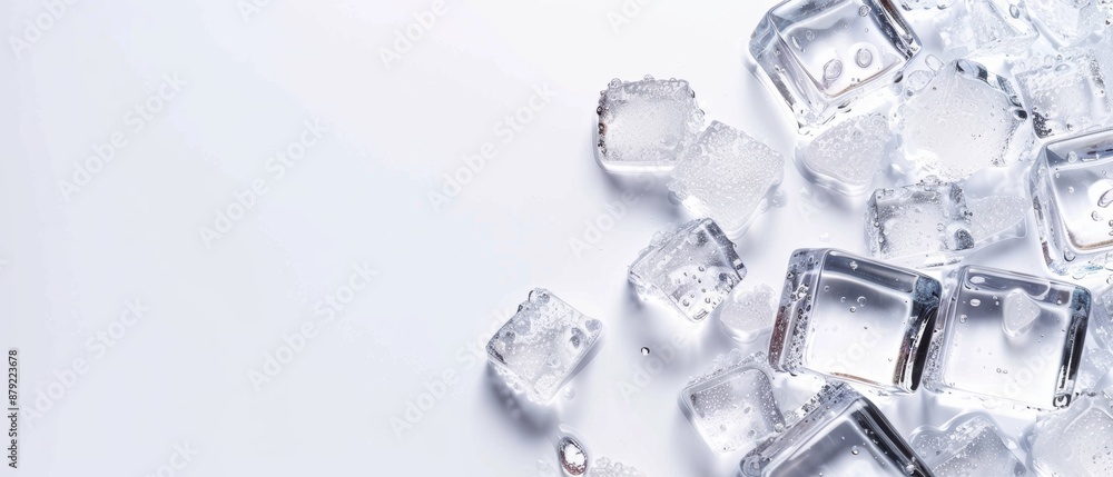 Poster realistic ice cubes blocks composition with empty space surrounded by bunch of ice cube