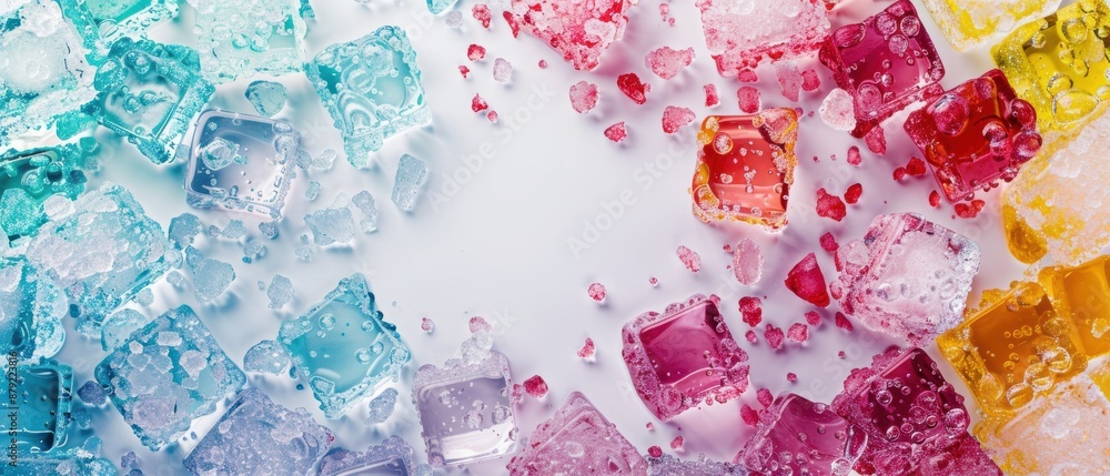 Poster realistic ice cubes blocks composition with empty space surrounded by bunch of ice cube