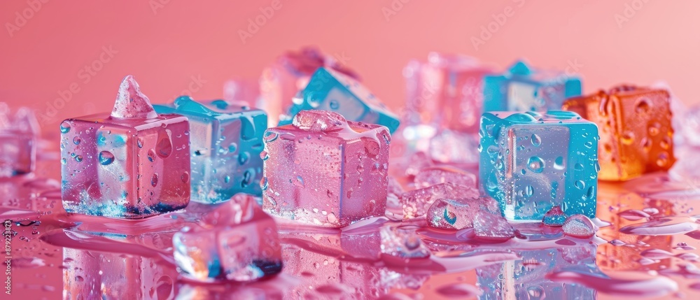 Poster realistic ice cubes blocks composition with empty space surrounded by bunch of ice cube