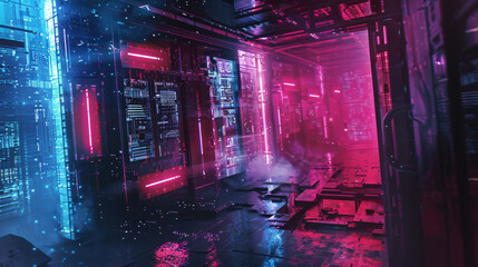 A neon colored room with a blue wall and red lights