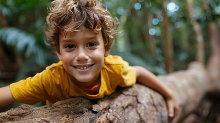 A cheerful blonde boy in a yellow shirt, climbing on a tree branch, exuding playful energy and joy, surrounded by lush greenery, brightening the environment.