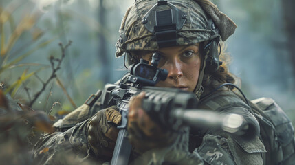 Fototapeta premium A woman in a camouflage uniform is holding a rifle and looking at the camera