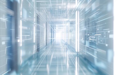 Defocused blurred technology space background, shopping mall or business corridor. Defocused medical and hospital corridors with modern laboratory in the background.