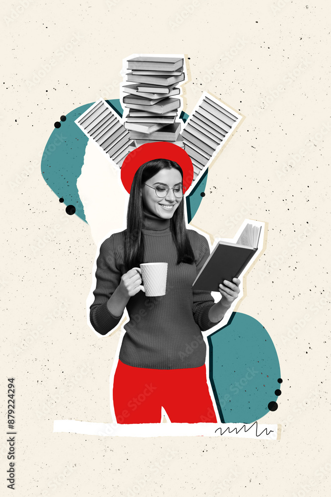 Sticker Vertical photo collage of happy girl student hold cup tea beverage read book bookworm hobby new story novel isolated on painted background