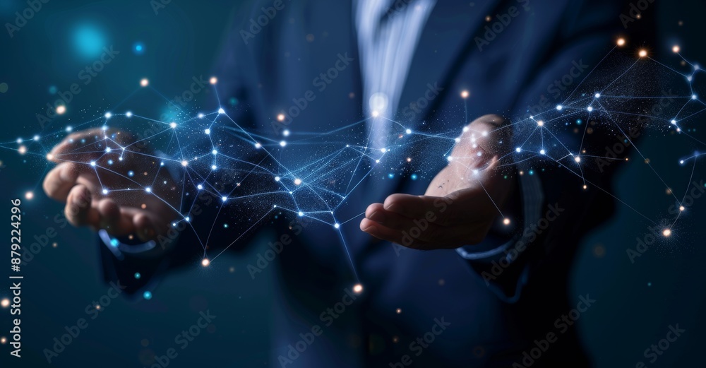 Poster he is holding a hologram display displaying a modern cloud-based web system