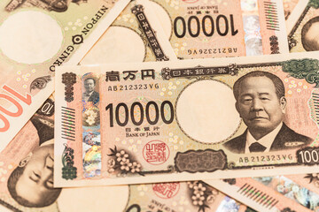 敷き詰められた新一万円札　新紙幣　日本円　YEN　JPY　イメージ　白背景