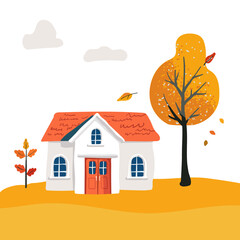 Cartoon magical Village House with an orange roof. Folk yellow tree and red bush. Cute postcard and poster, for printing on clothing textiles