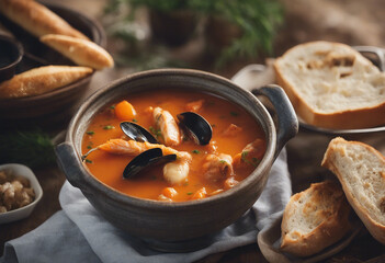 classic bouillabaisse in a rustic ceramic bowl with a crusty baguette
