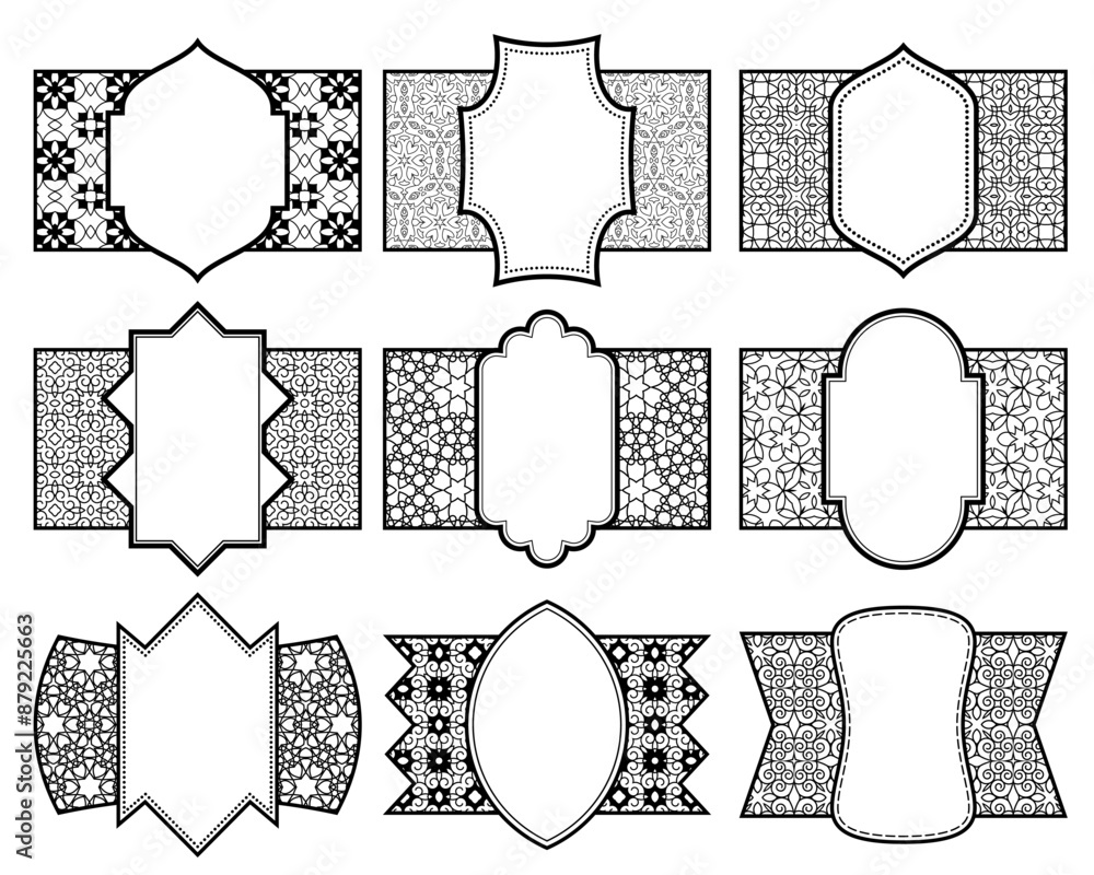 Poster set of patterned frames. templates for packaging or label design in vintage style.