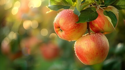 Obraz premium Ripe Dewy Apples Hanging Among Orchard Branches Under Warm Sunlight Framed By Soft Green Foliage In A Serene Natural Landscape