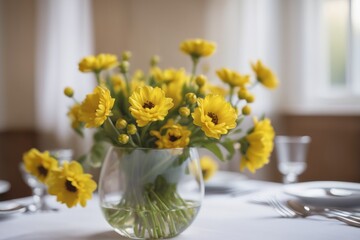 Fototapeta premium A vibrant bouquet of yellow sunflowers brightens a table with summery charm